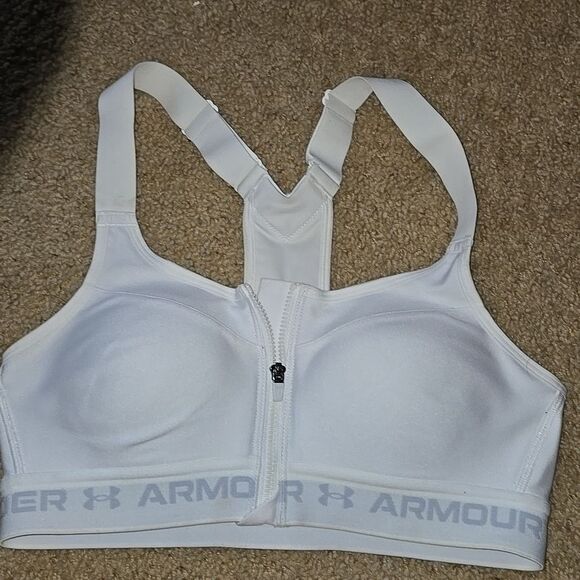 Under Armour UA Sports Bra White Gray Size 34A 34a Small Zip Front Logo Gym Yoga - Picture 6 of 16